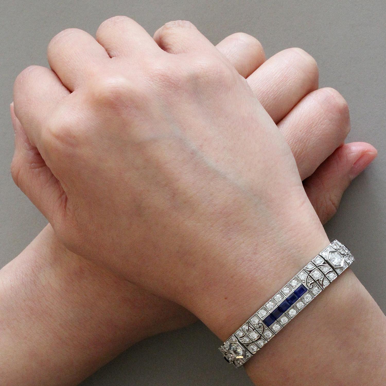 Women's Art Deco Diamond Blue Sapphire Platinum Bracelet