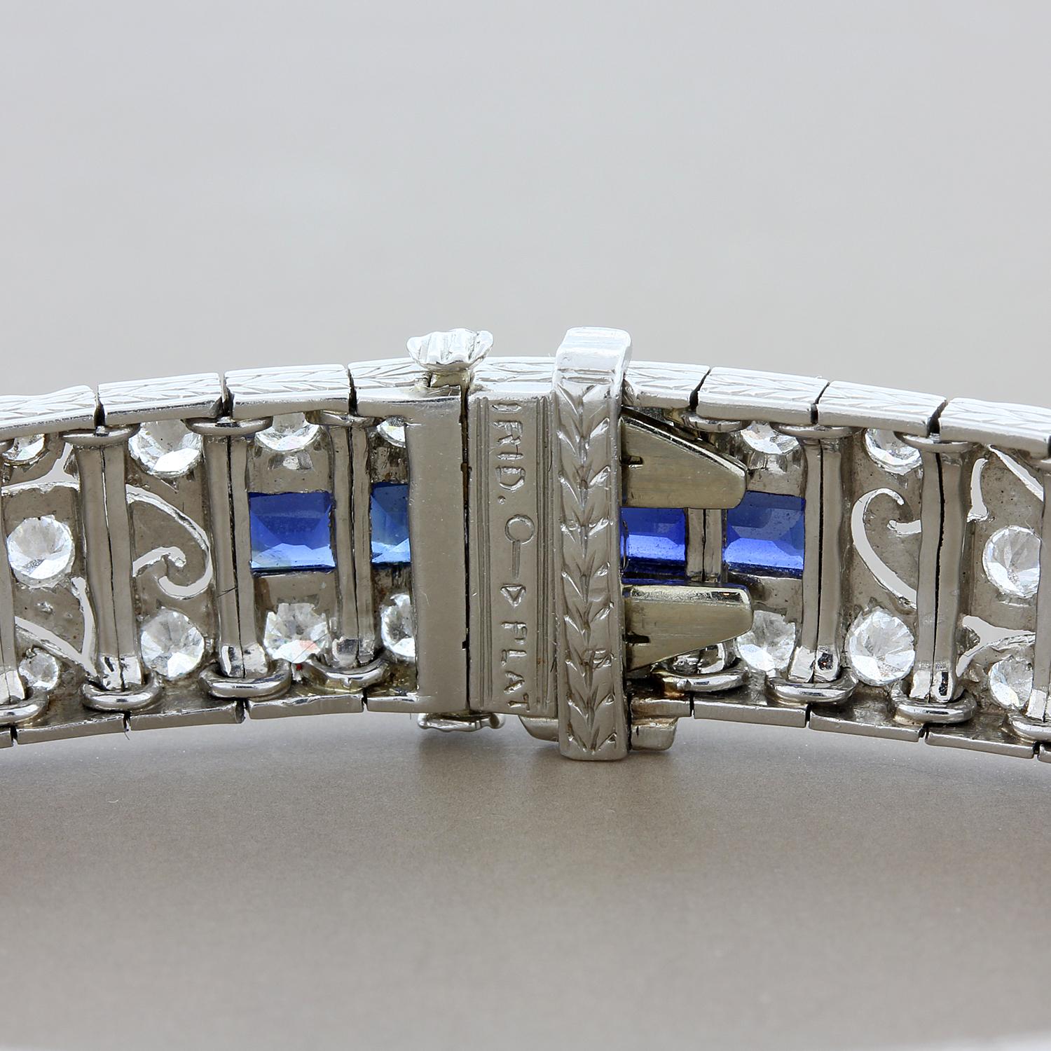 Old European Cut Art Deco Diamond Blue Sapphire Platinum Bracelet