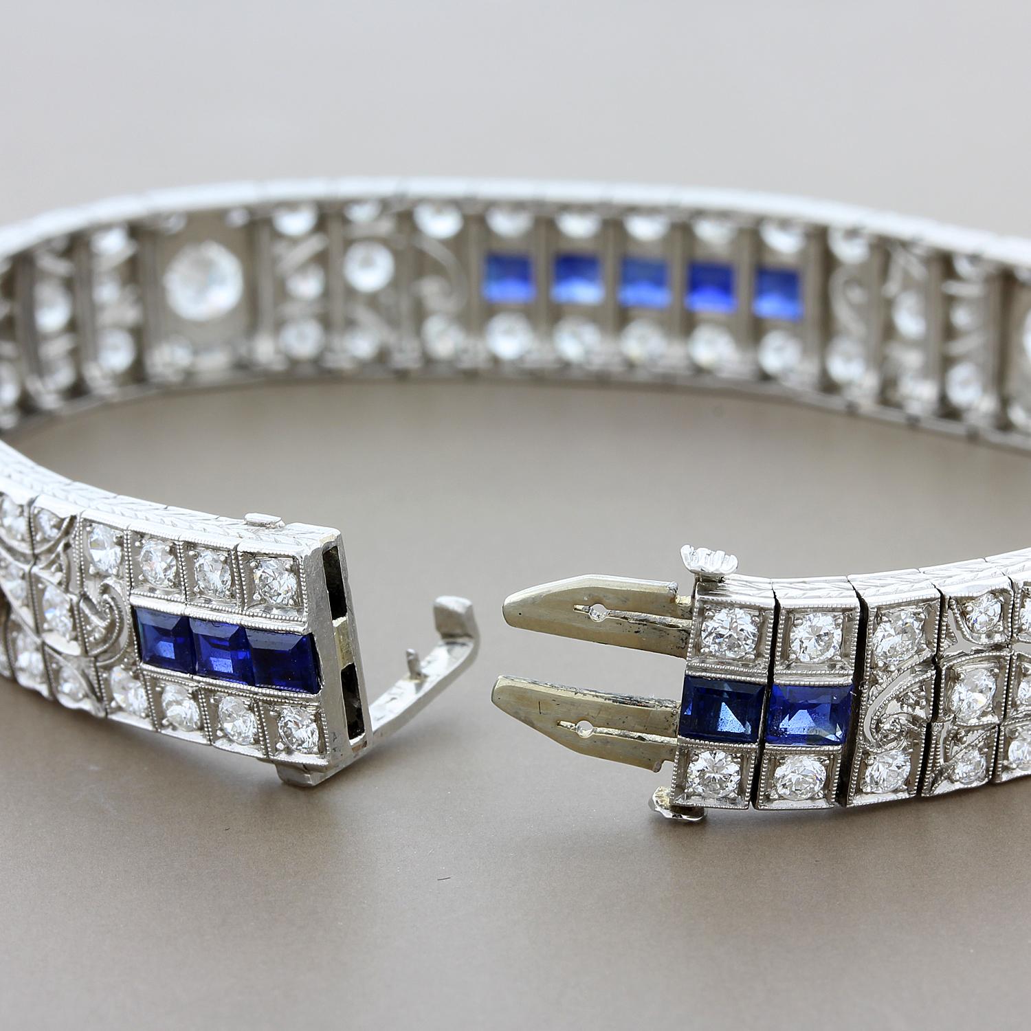 Art Deco Diamond Blue Sapphire Platinum Bracelet In Excellent Condition In Beverly Hills, CA