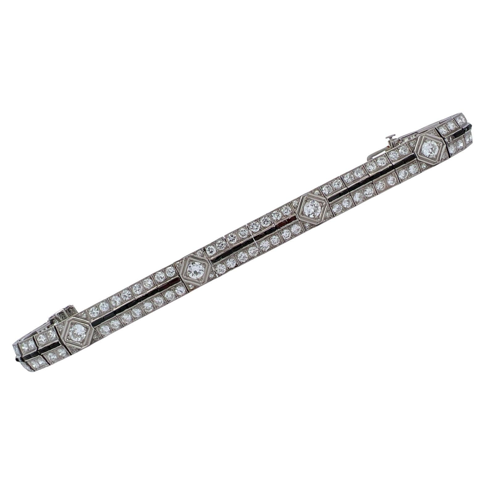 Art Deco Diamond Blue Sapphire Platinum Line Link Estate Bracelet