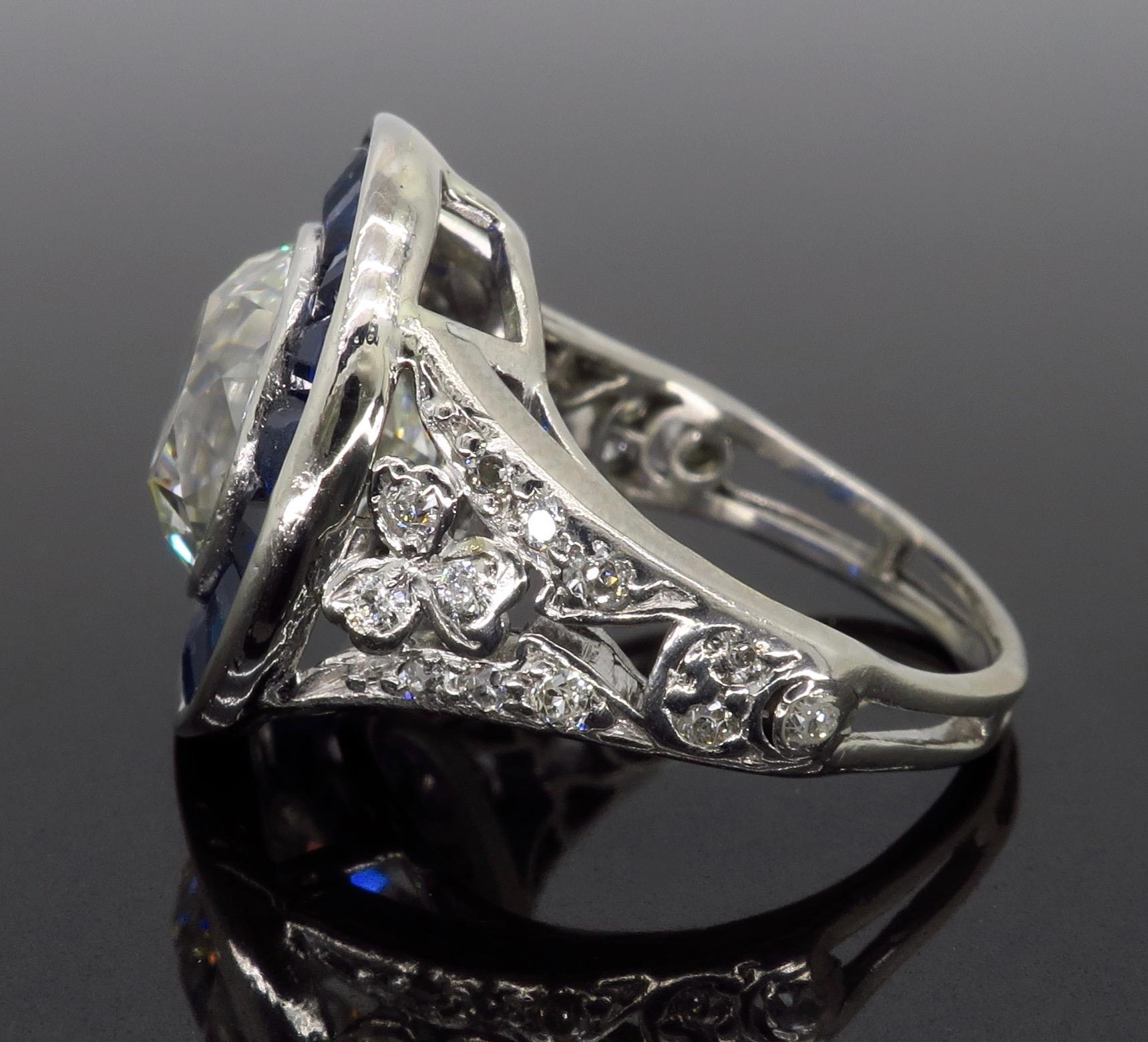 Old European Cut Art Deco Style Diamond and Blue Sapphire Ring in Platinum