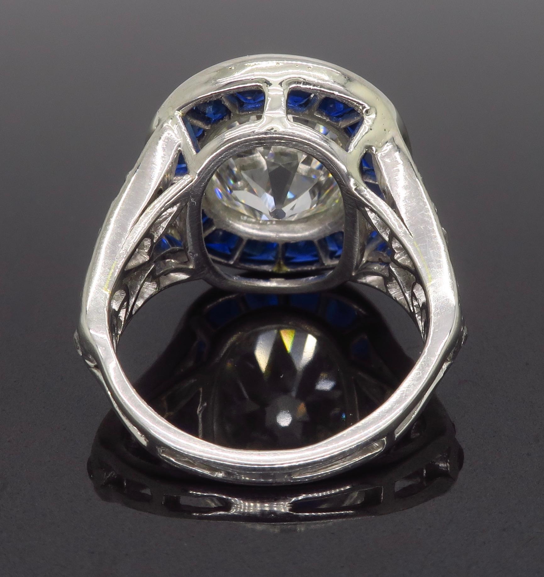 Art Deco Style Diamond and Blue Sapphire Ring in Platinum In Good Condition In Webster, NY