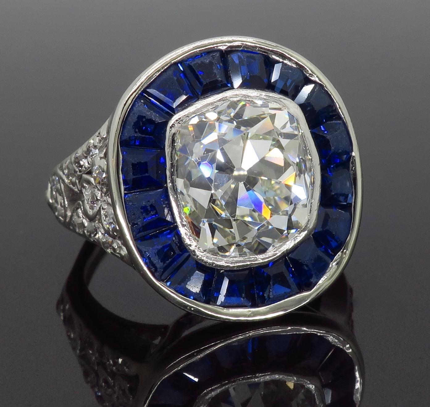 Art Deco Style Diamond and Blue Sapphire Ring in Platinum 1