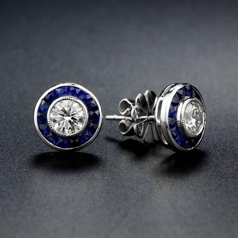 Art Deco Diamond Blue Sapphire Set Pendant and Stud Earrings
