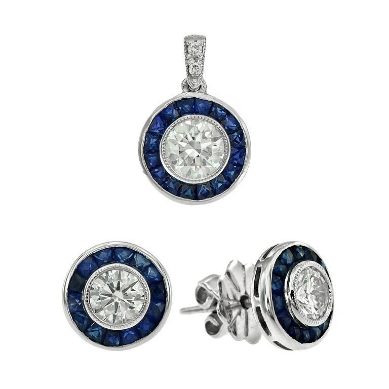 Diamond Blue Sapphire Set Pendant and Stud Earrings