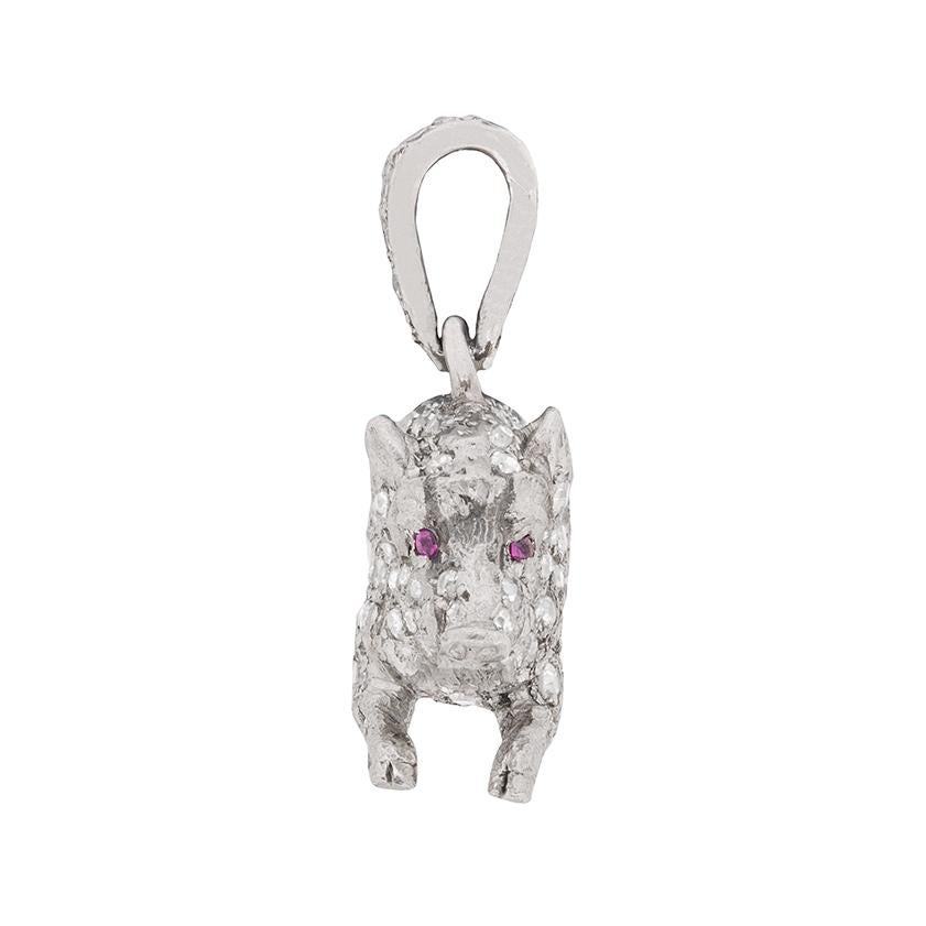 A stunning pendant, all handcrafted from platinum, featuring grain set old cut diamonds all over. There is a total of 2.80 carat, which have been perfectly and expertly set across the body, back and head of this delicate little boar pendant. They