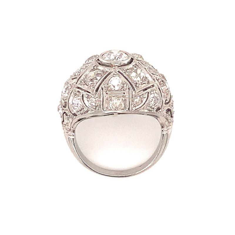 Old European Cut Art Deco Diamond Bombe Platinum Ring, circa 1920s For Sale