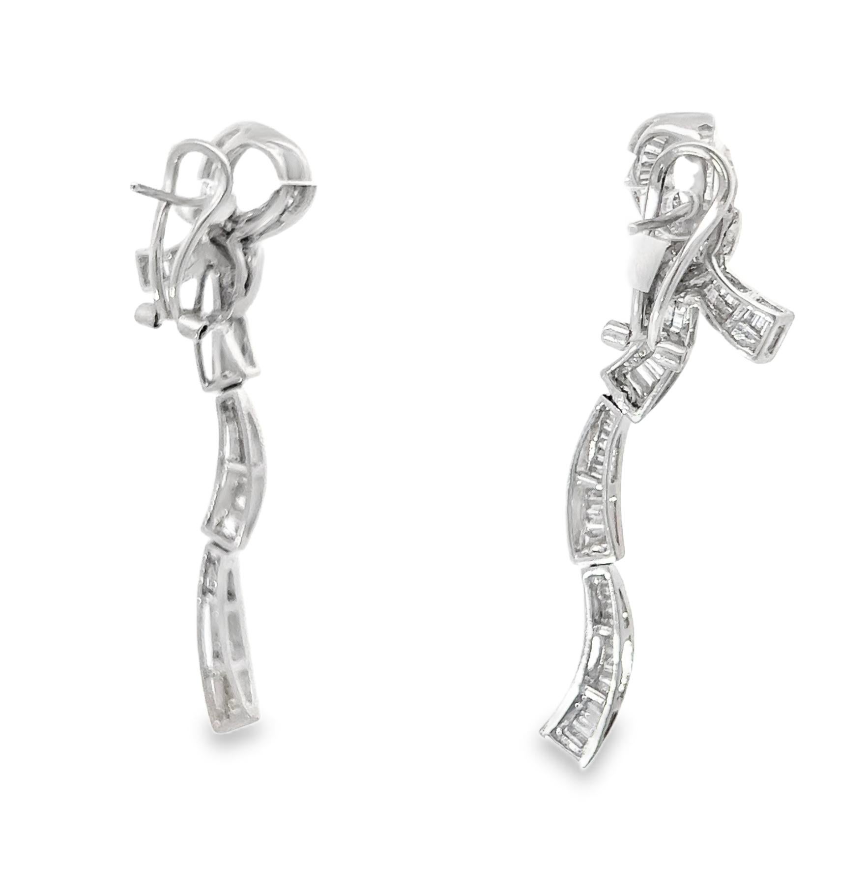 Tapered Baguette Art Deco Diamond Bow Lever-Back Drop Earrings For Sale