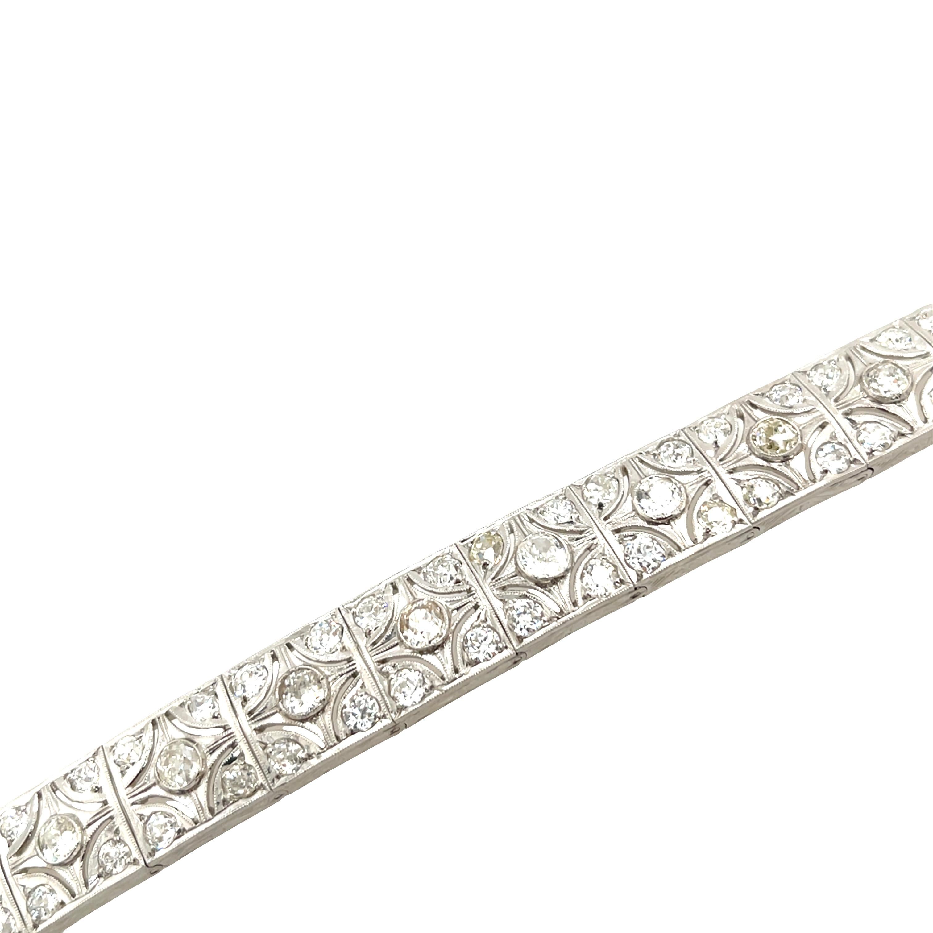 A magnificent example of 1920s elegance, this Art Deco diamond bracelet is masterfully crafted in platinum and set with an impressive 8.00ct of natural diamonds. Featuring the geometric design synonymous with the era, this bracelet showcases a