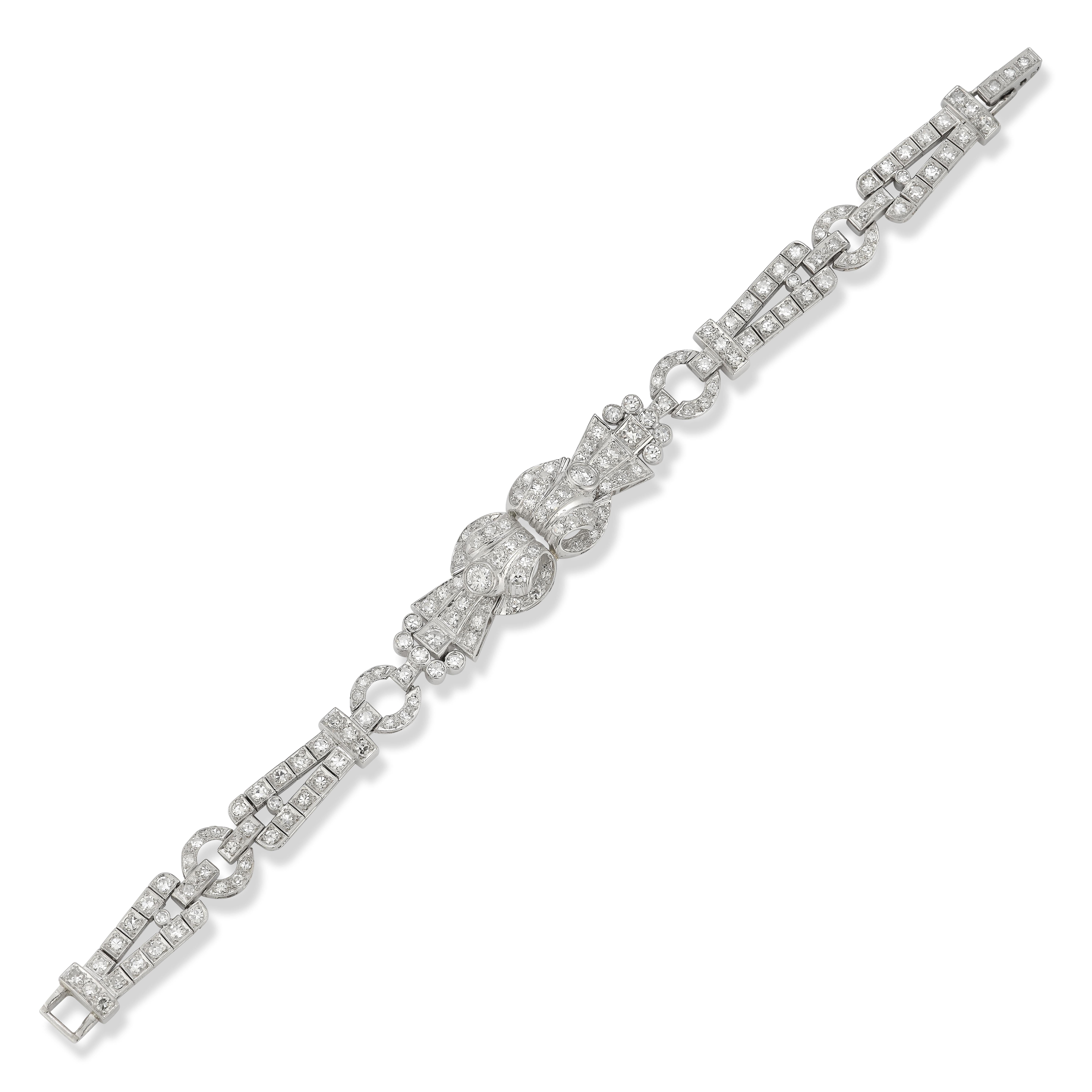 Diamond Platinum Bracelet , made Circa 1920. 

Brilliant cut diamonds set in platinum.

Diamond Weight: approximately 5.59 Cts 

Measurements: 7