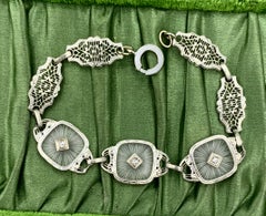 Art Deco Diamond Bracelet Frosted Rock Crystal 14 Karat White Gold Filigree
