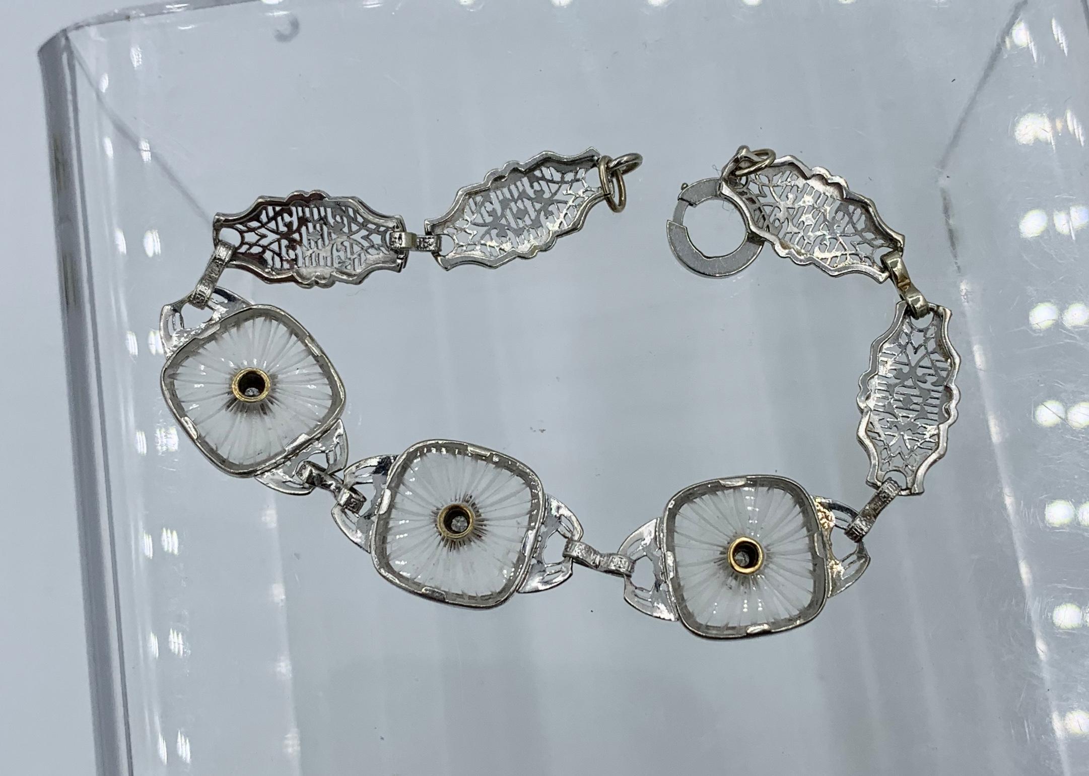 Women's Art Deco Diamond Bracelet Frosted Rock Crystal 14 Karat White Gold Filigree For Sale