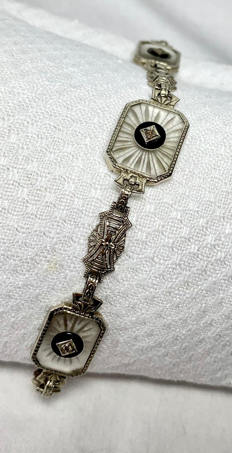 Art Deco Diamond Bracelet Frosted Rock Crystal Black Onyx White Gold