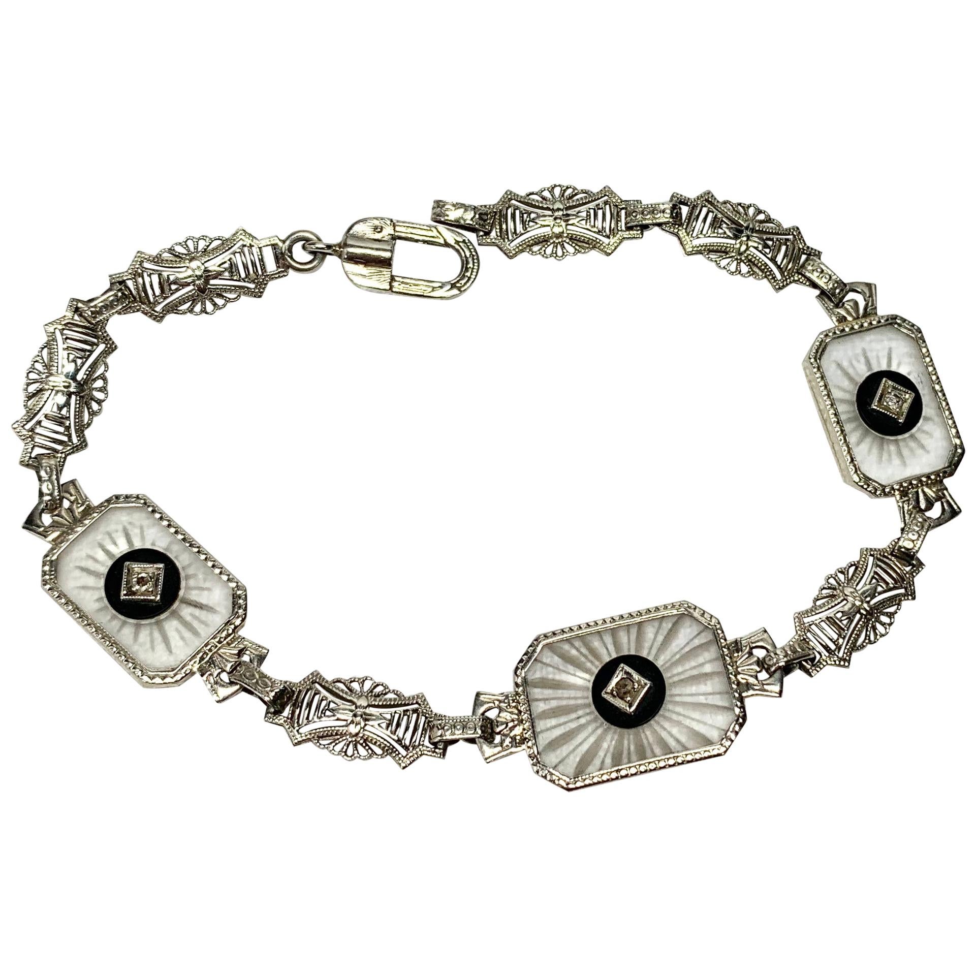 Art Deco Diamond Bracelet Frosted Rock Crystal Black Onyx White Gold Filigree For Sale