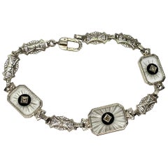 Art Deco Diamond Bracelet Frosted Rock Crystal Black Onyx White Gold Filigree