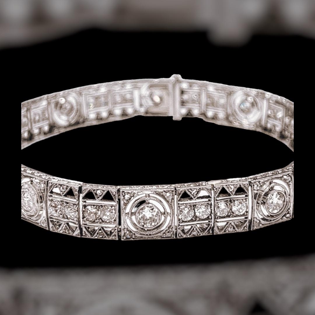 Art Deco Diamond Bracelet In Platinum, 0.8cm Width, 18.5cm Length, Circa 1920's For Sale 10