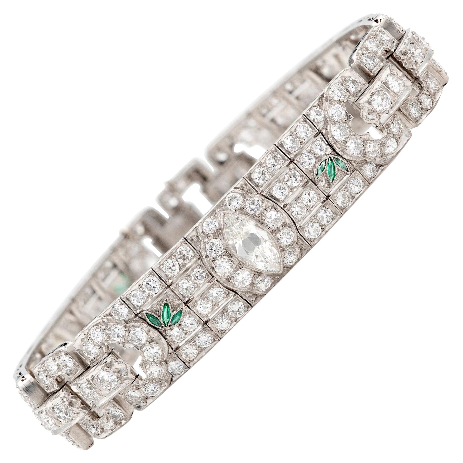 Art Deco Diamond Bracelet with Emerald For Sale