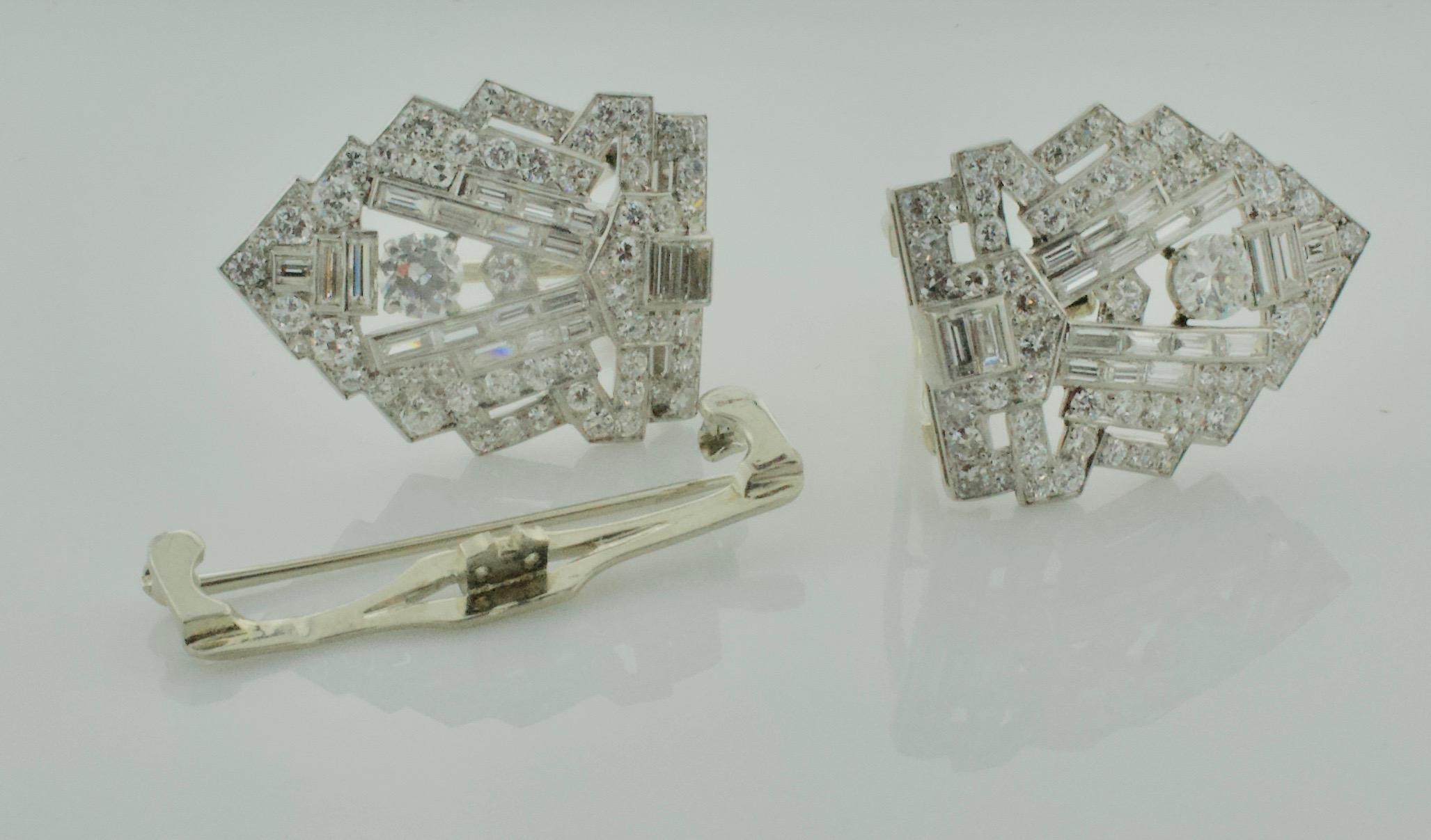 Art Deco Diamond Brooch Clips circa 1920s 7.70 Carat 1
