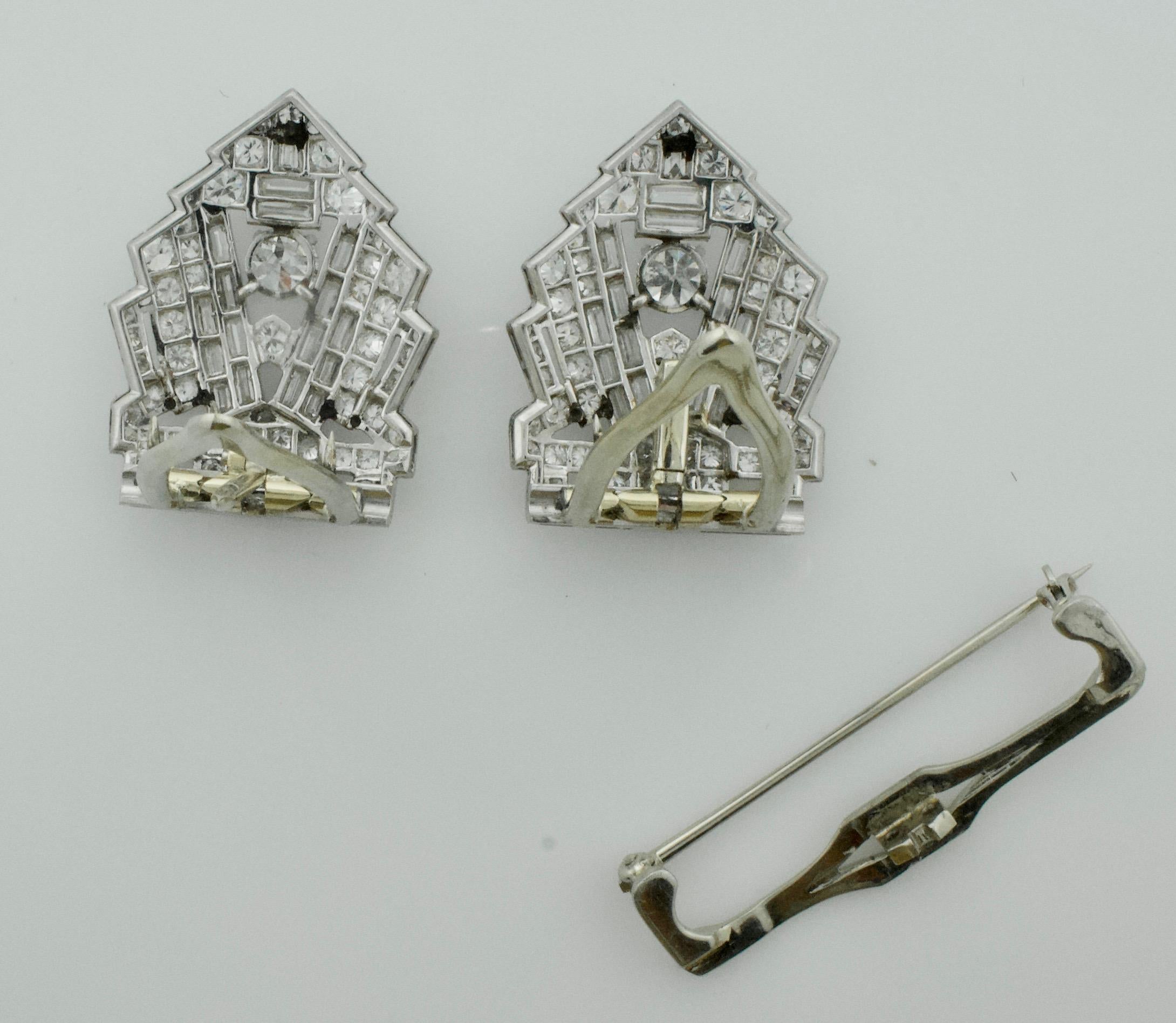 Art Deco Diamond Brooch Clips circa 1920s 7.70 Carat 4