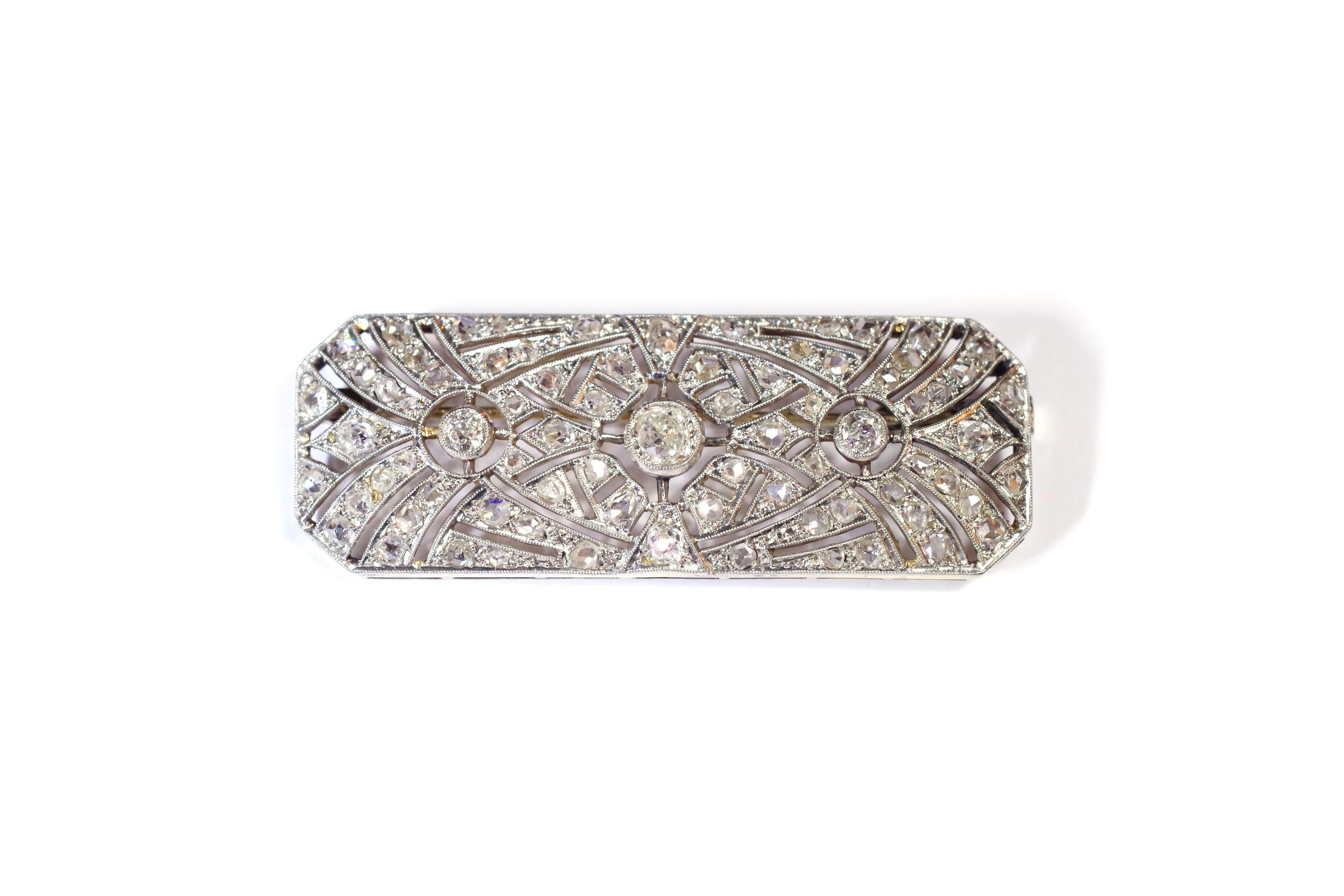 Rose Cut Art Deco Diamond Brooch in Platinum and 18 Karat White Gold For Sale