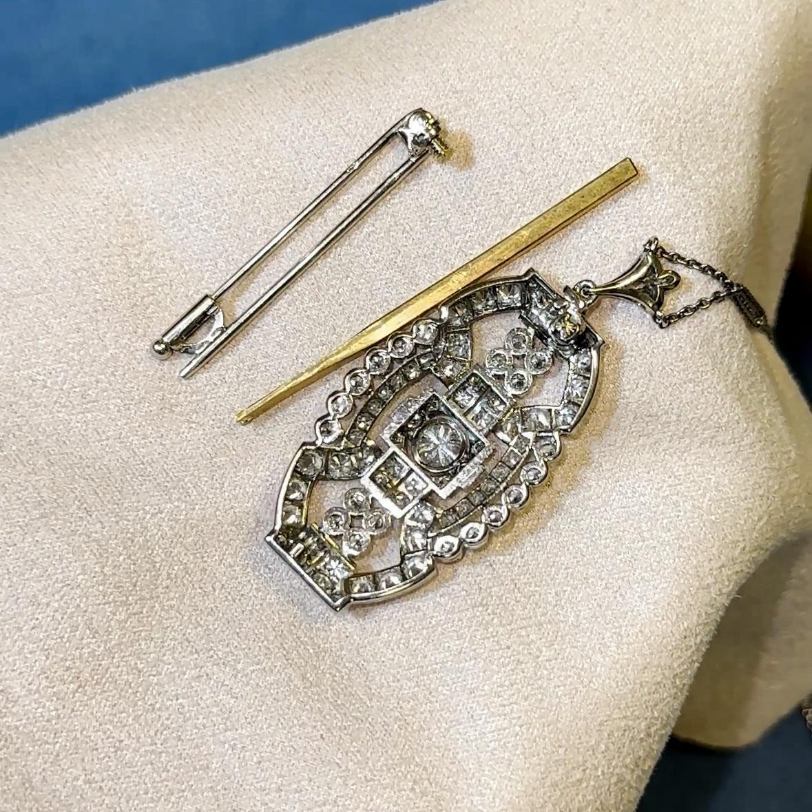 Old European Cut Art Deco Diamond Brooch/Necklace For Sale