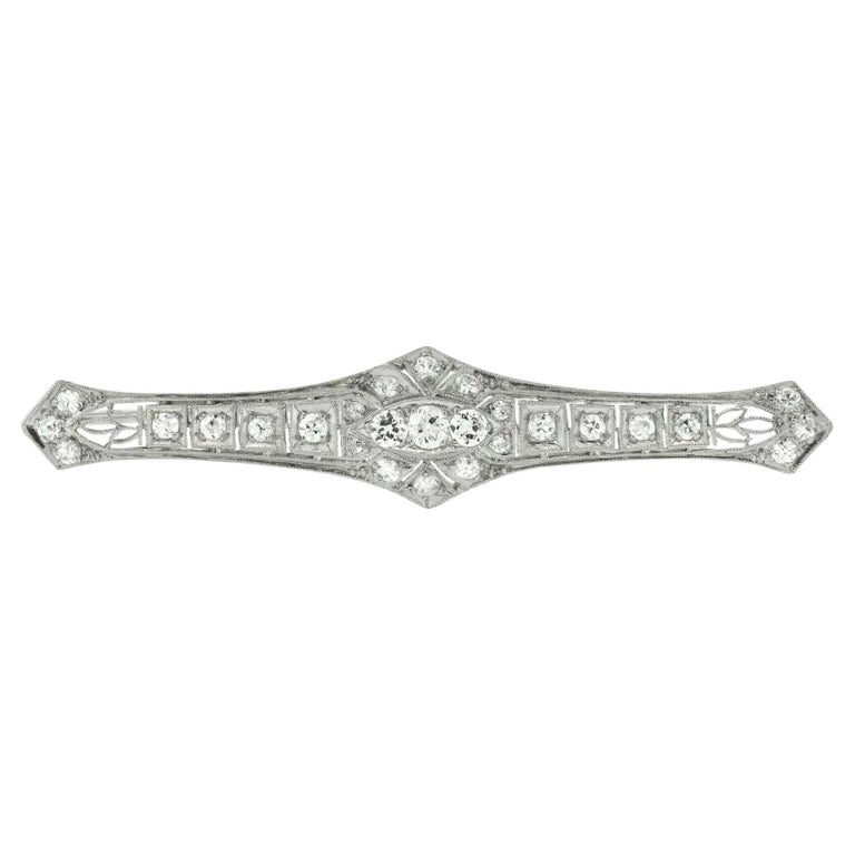 Broche Ancienne Art Déco En Argent Avec Cristaux Et Diamants Noirs - Bijou Vintage 3365