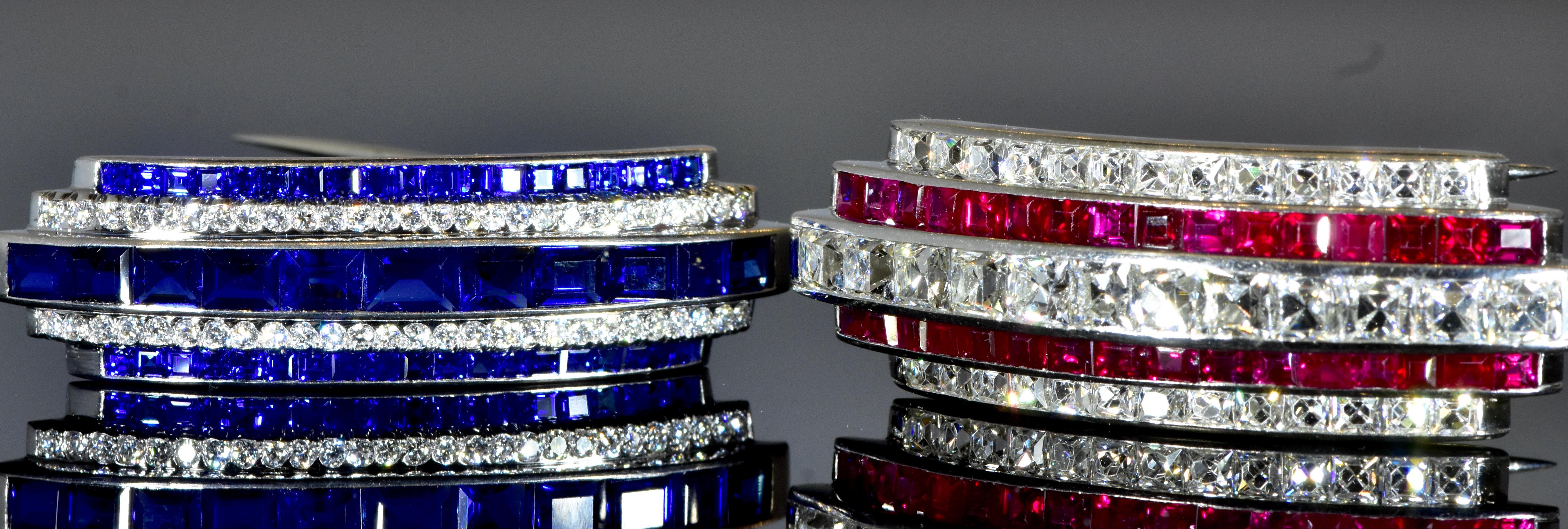 Art Deco Diamond & Burma Sapphire & Ruby  Brooches, one by Cartier, c. 1920. For Sale 13