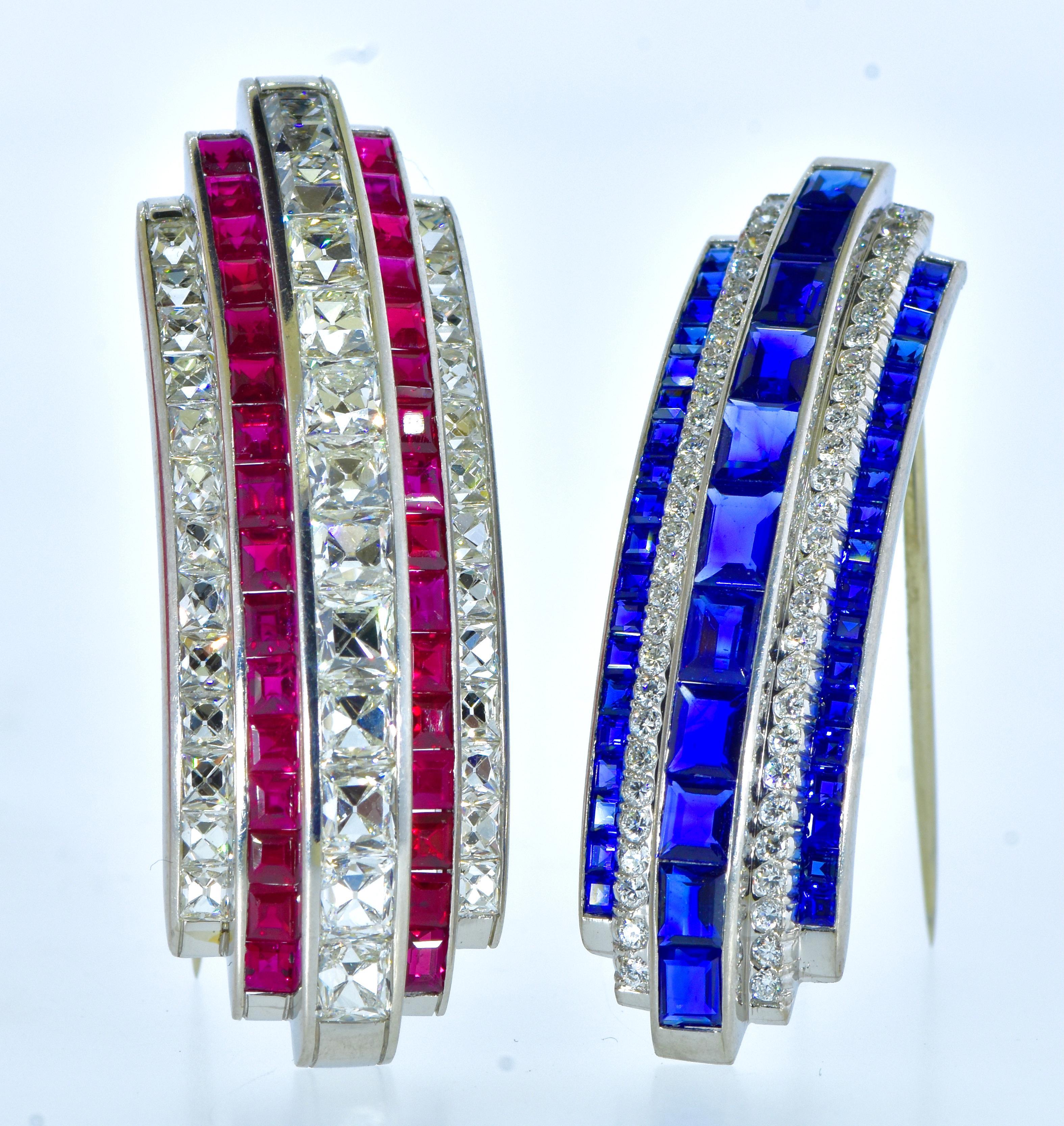 Art Deco Diamond & Burma Sapphire & Ruby  Brooches, one by Cartier, c. 1920. For Sale 2