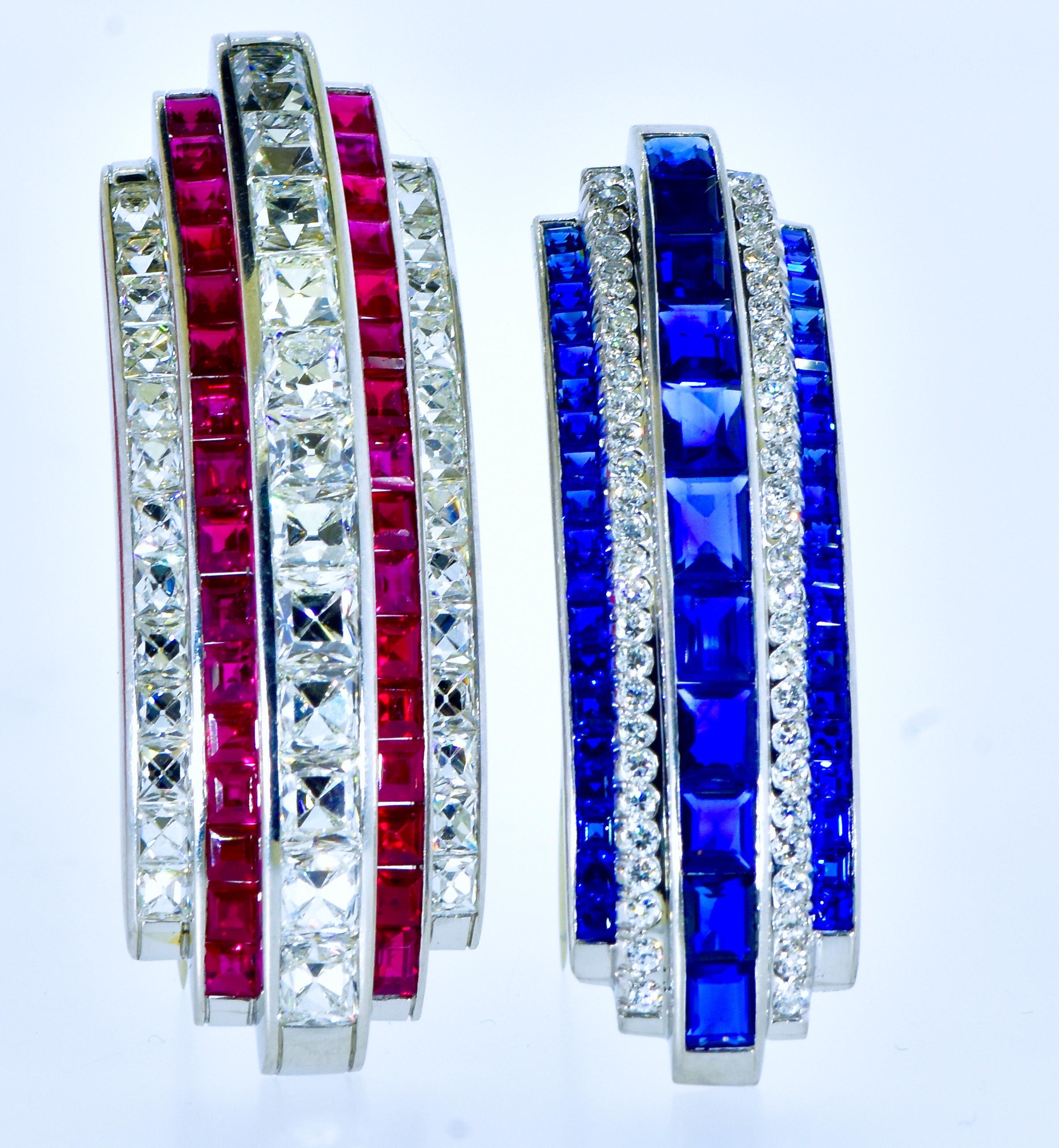 Art Deco Diamond & Burma Sapphire & Ruby  Brooches, one by Cartier, c. 1920. For Sale 3