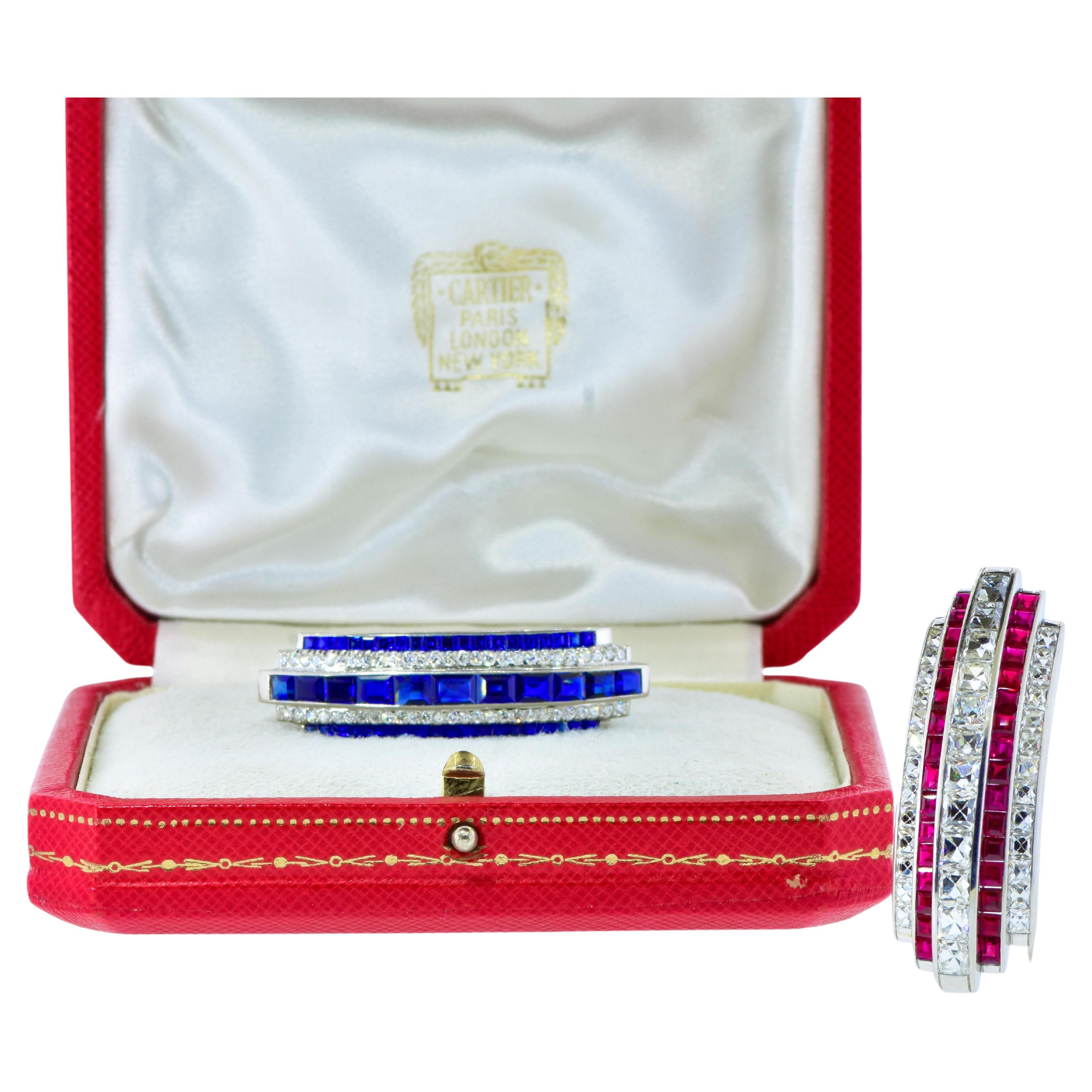 Art Deco Diamond & Burma Sapphire & Ruby  Brooches, one by Cartier, c. 1920. For Sale