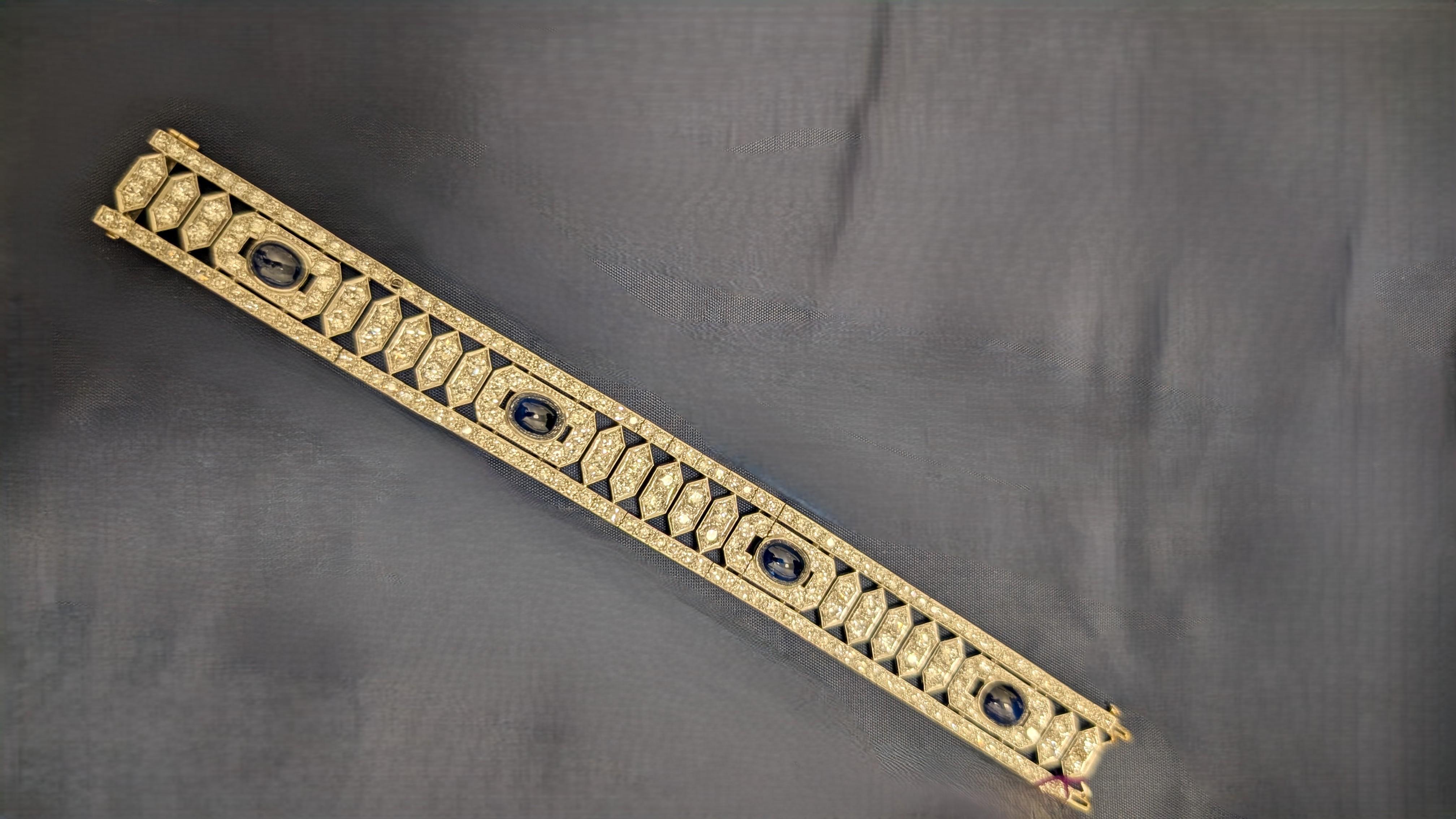 Cabochon Bracciale Art Déco in platino con diamanti e zaffiri cabochon in vendita