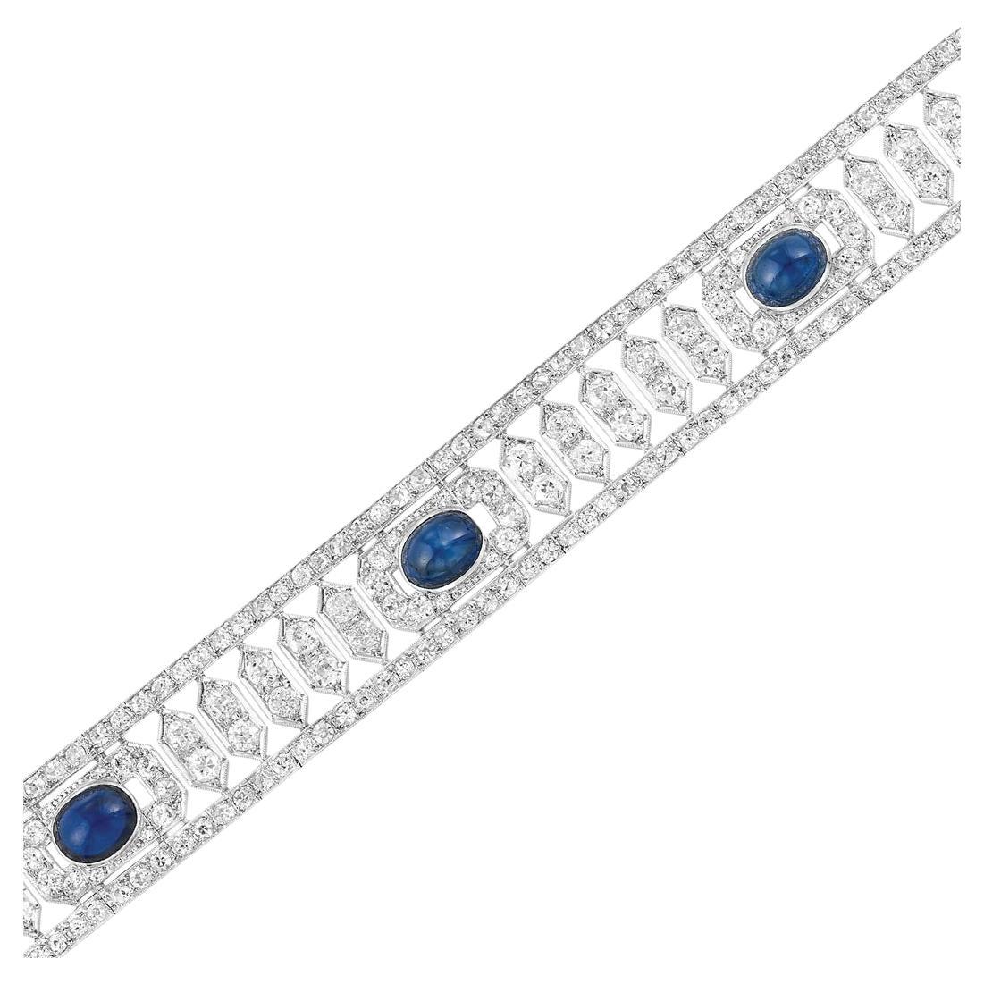 Pulsera Art Déco de Platino con Diamantes y Zafiro Cabujón