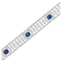 Art Deco Diamond 
Cabochon Sapphire Platinum Bracelet