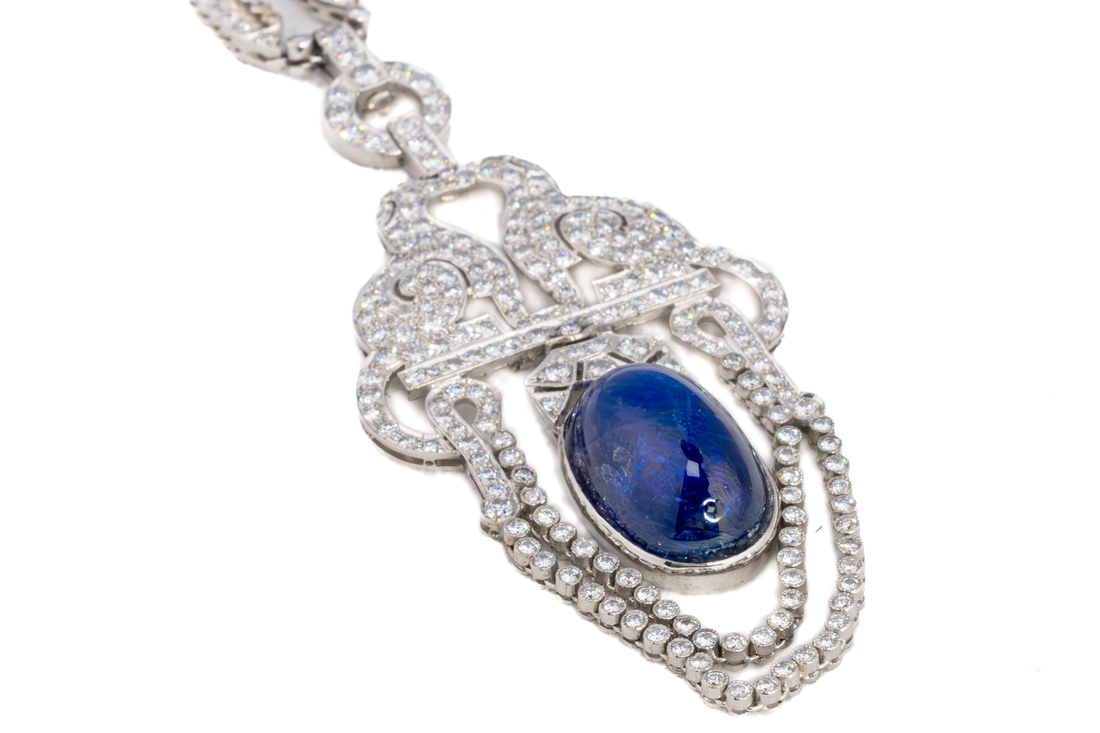 Art Deco Diamond & Cabochon Sapphire Satouir Necklace In Excellent Condition For Sale In New York, NY
