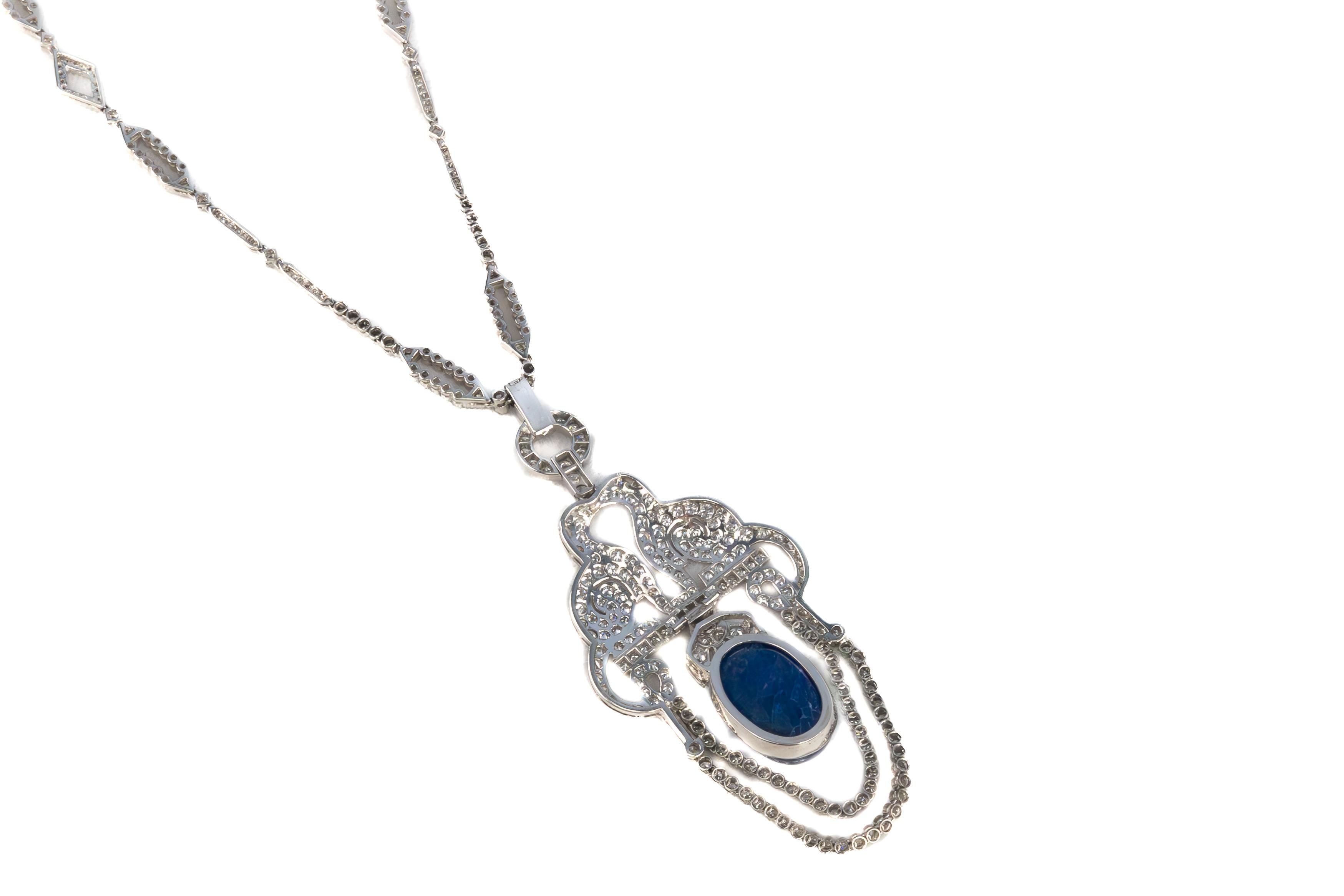 Women's Art Deco Diamond & Cabochon Sapphire Satouir Necklace For Sale