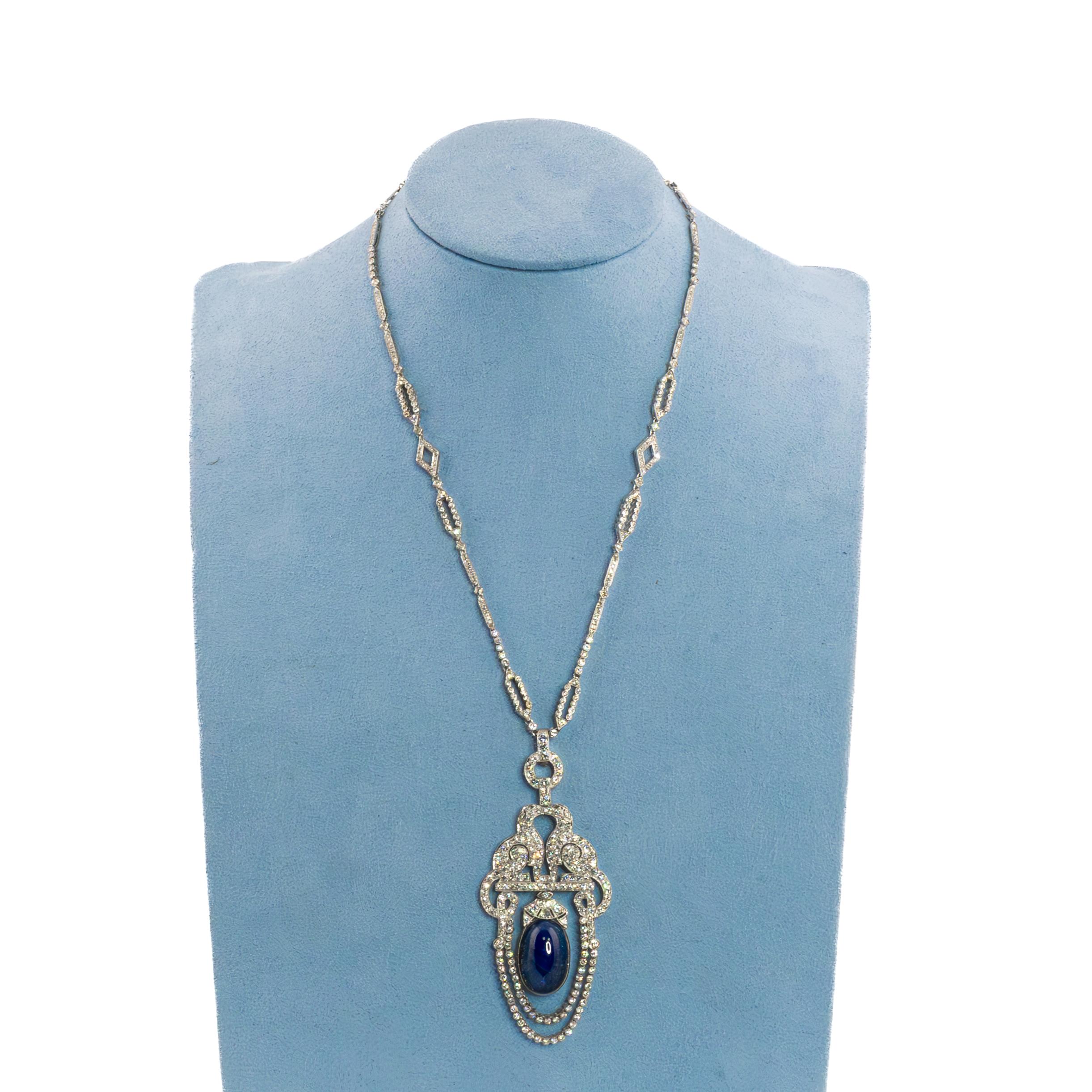 Art Deco Diamond & Cabochon Sapphire Satouir Necklace For Sale 1