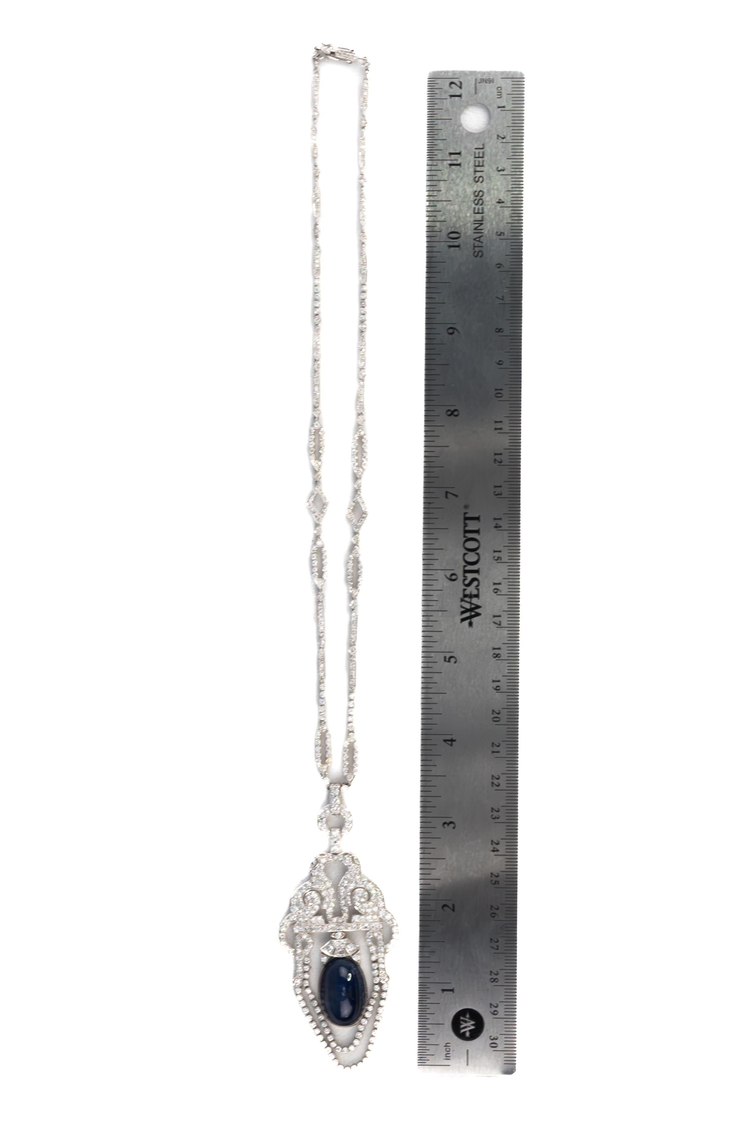 Art Deco Diamond & Cabochon Sapphire Satouir Necklace For Sale 2