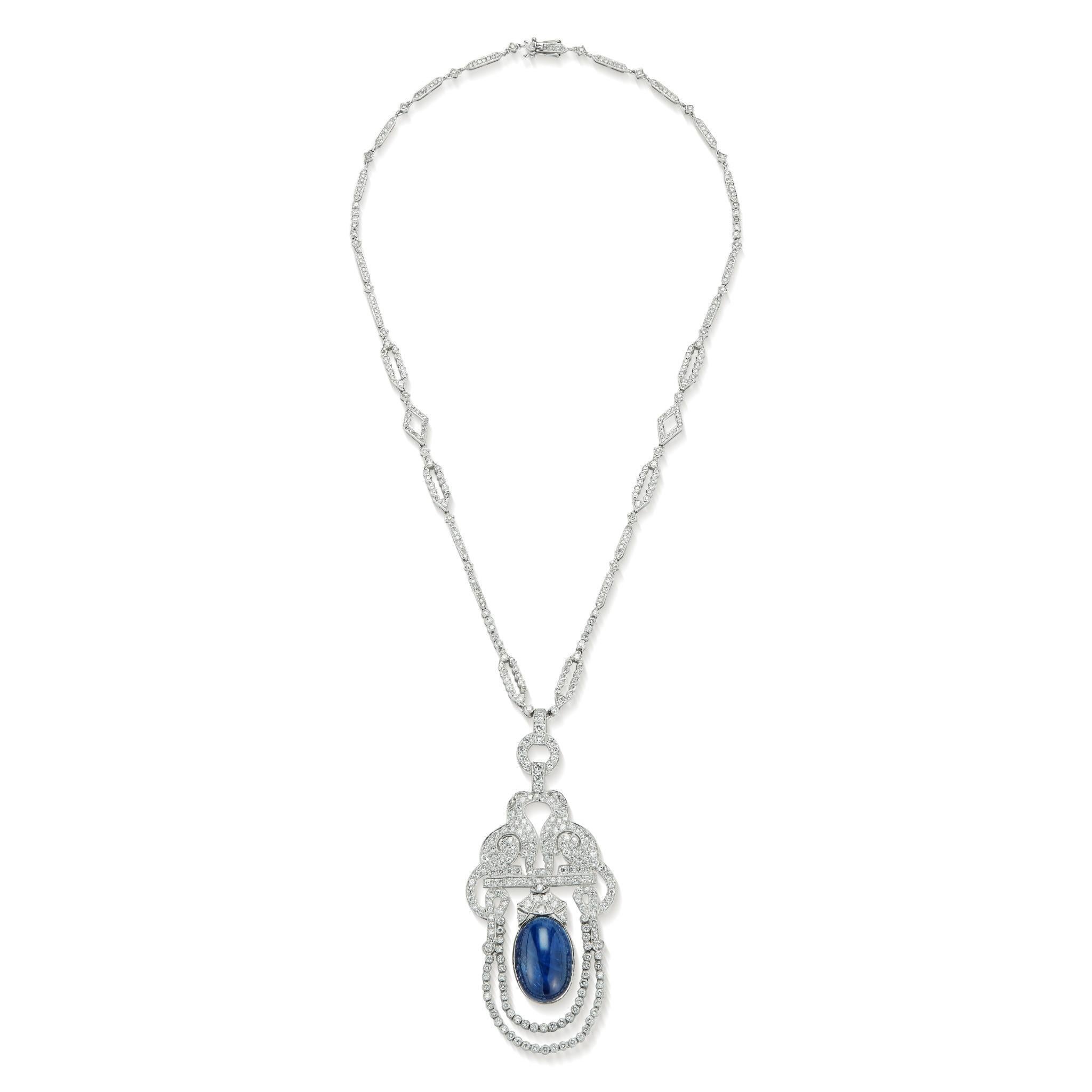 Art Deco Diamond & Cabochon Sapphire Satouir Necklace