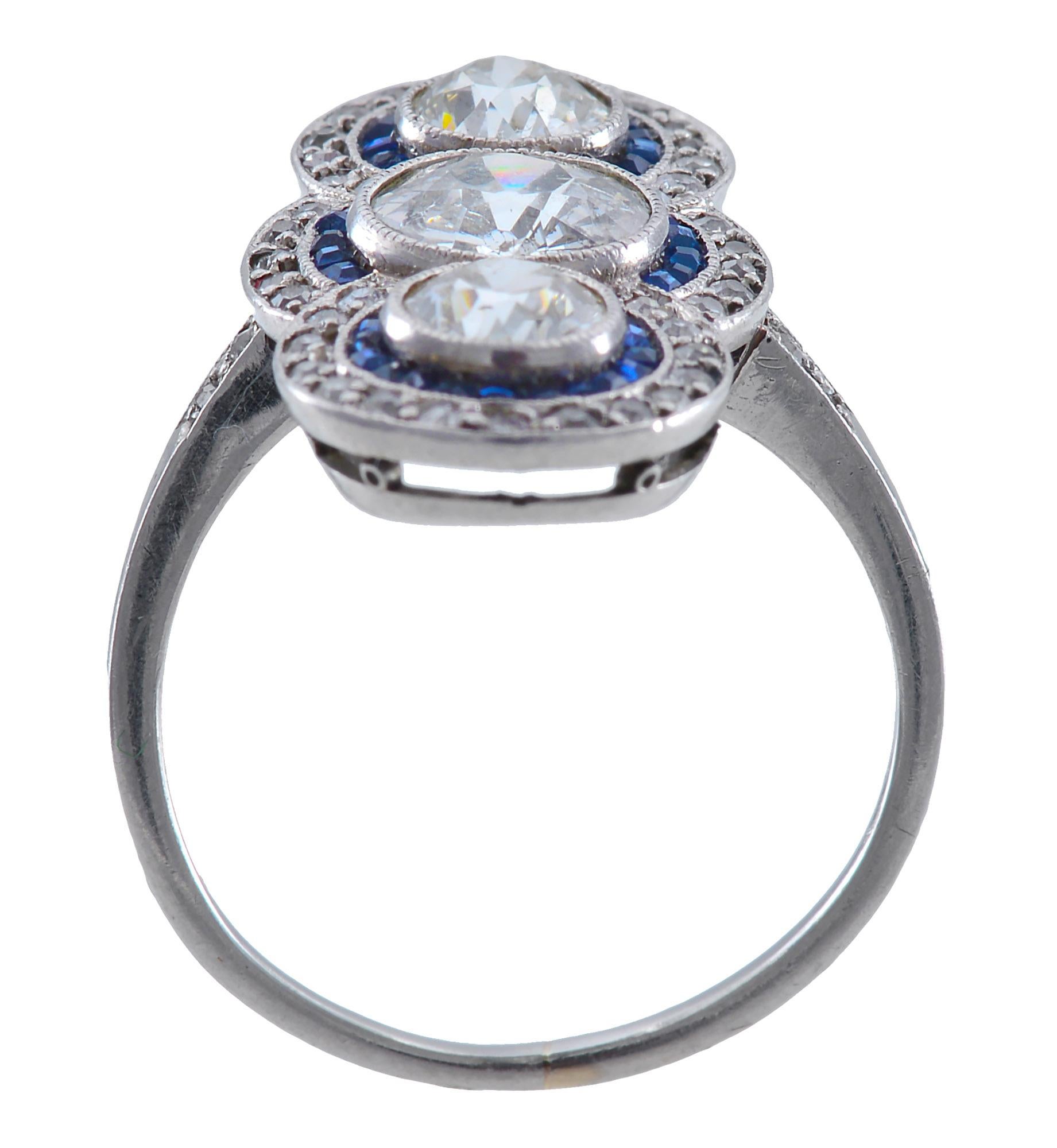 Art Deco Diamond Calibre Cut Sapphire and Platinum Ring In Excellent Condition For Sale In Melbourne, Victoria