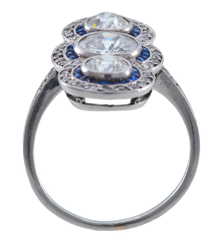 Art Deco Diamond Calibre Cut Sapphire and Platinum Ring For Sale at 1stDibs