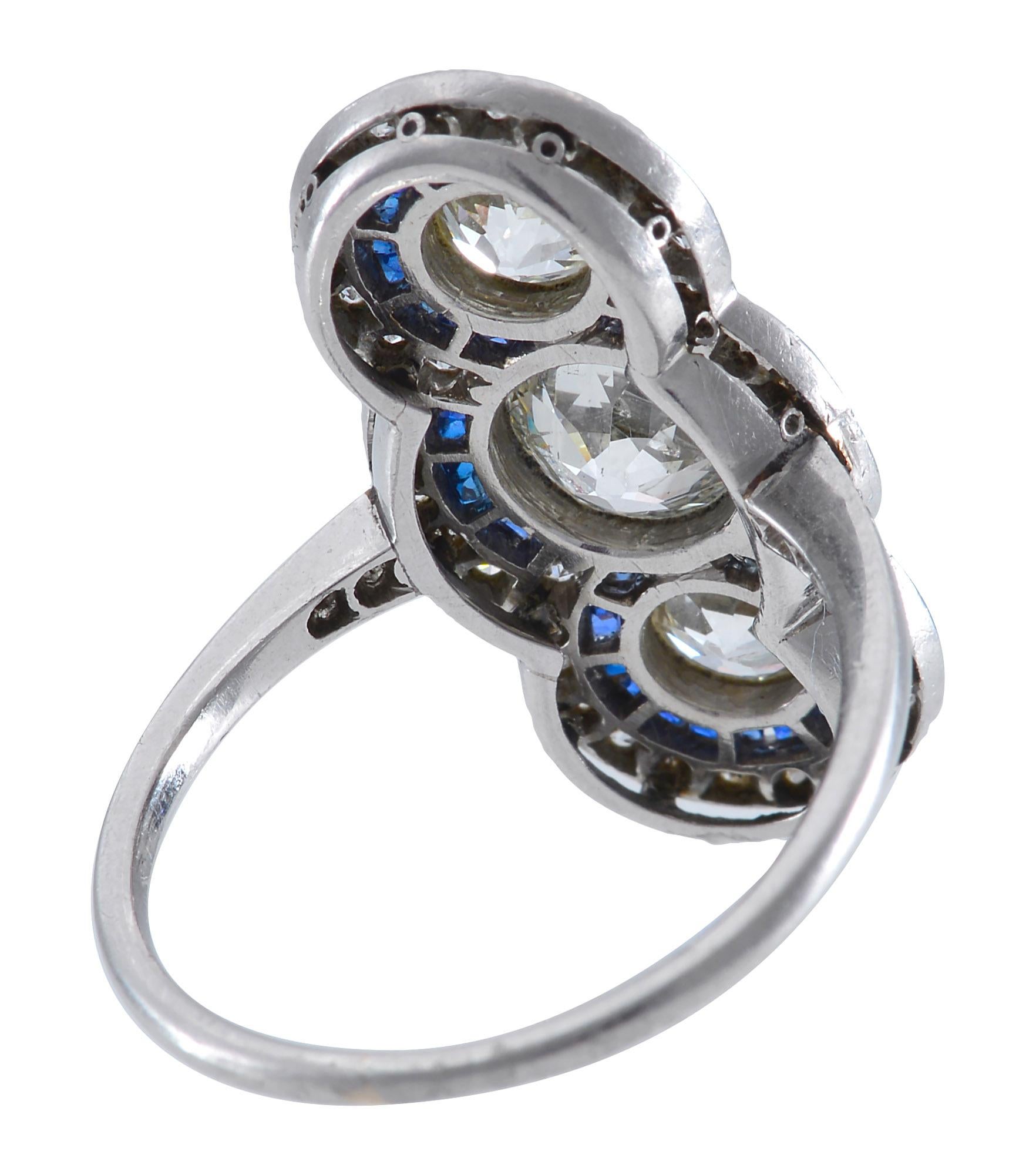 Art Deco Diamond Calibre Cut Sapphire and Platinum Ring For Sale 2