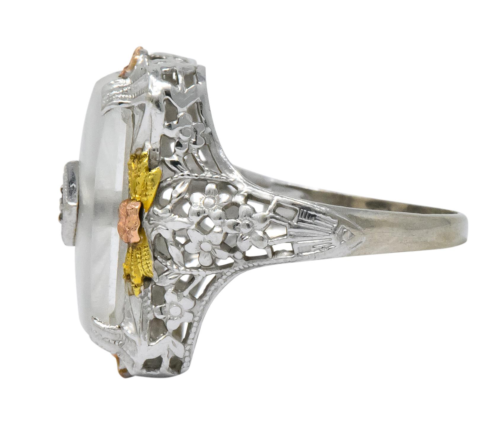 Art Deco Diamond Camphor Glass 14 Karat Gold Tri-Color Dinner Ring In Excellent Condition In Philadelphia, PA