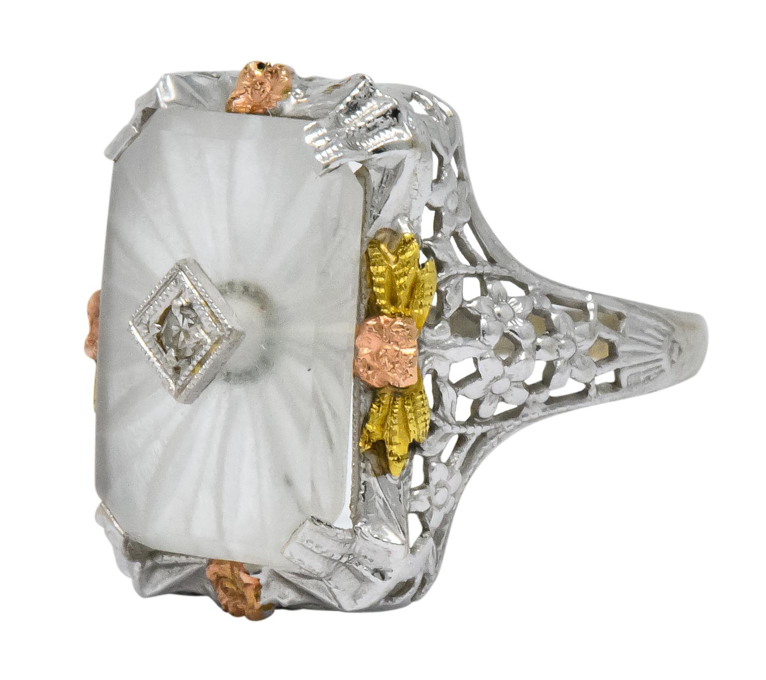 Women's or Men's Art Deco Diamond Camphor Glass 14 Karat Gold Tri-Color Dinner Ring
