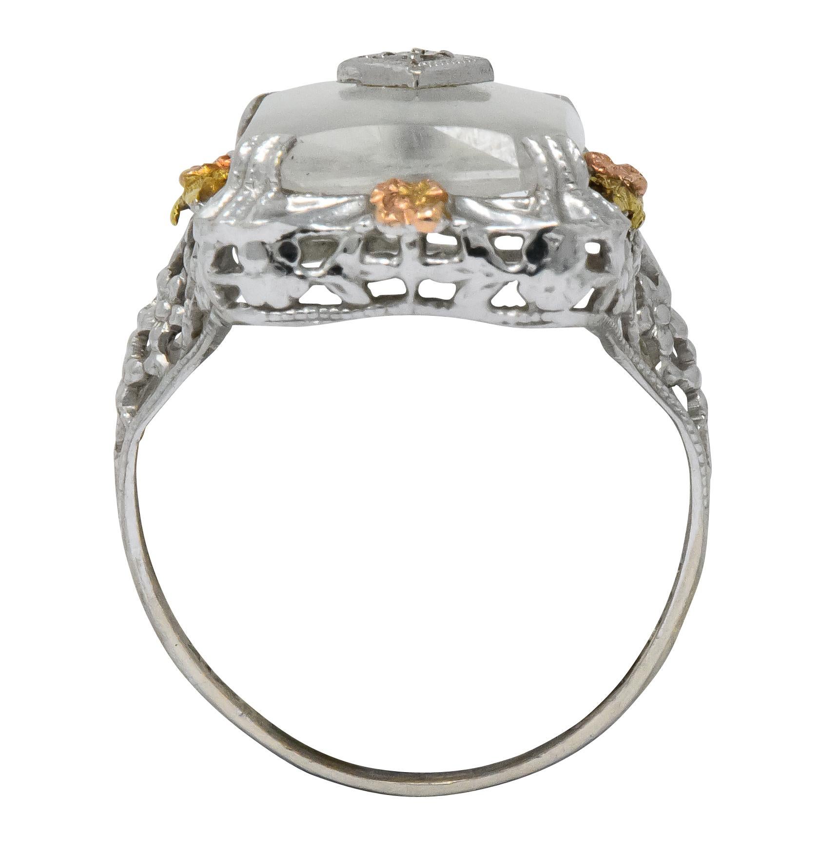 Art Deco Diamond Camphor Glass 14 Karat Gold Tri-Color Dinner Ring 1