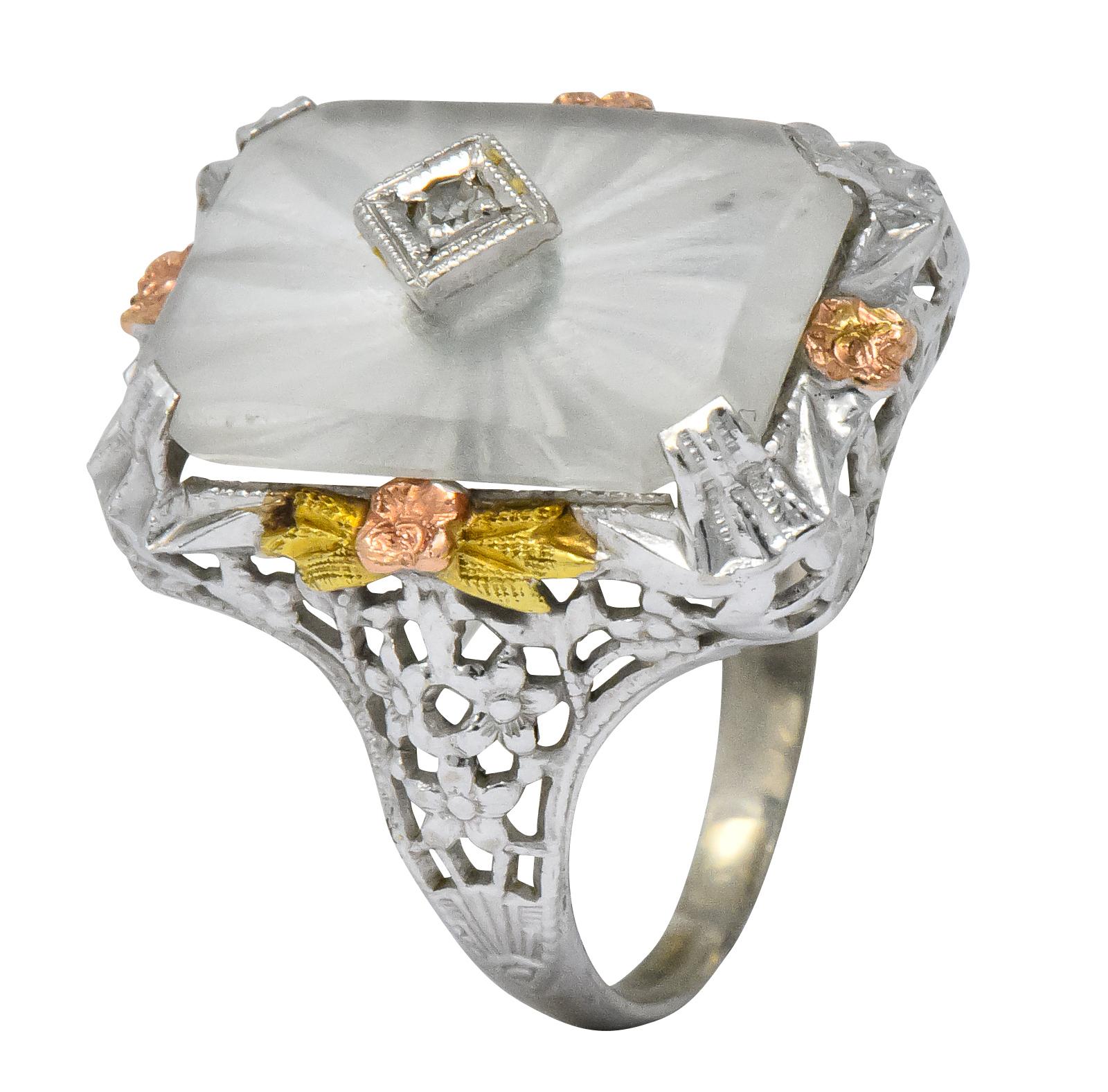 Art Deco Diamond Camphor Glass 14 Karat Gold Tri-Color Dinner Ring 2