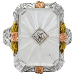 Art Deco Diamond Camphor Glass 14 Karat Gold Tri-Color Dinner Ring