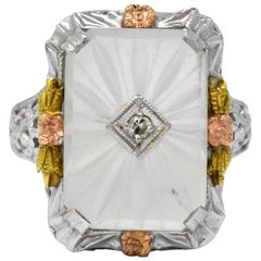 Vintage Art Deco Diamond Camphor Glass 14 Karat Gold Tri-Color Dinner Ring