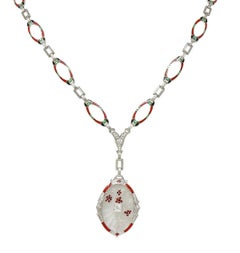 Art Deco Diamond Camphor Glass Enamel 14K Gold Antique Pendant Sartuoir Necklace