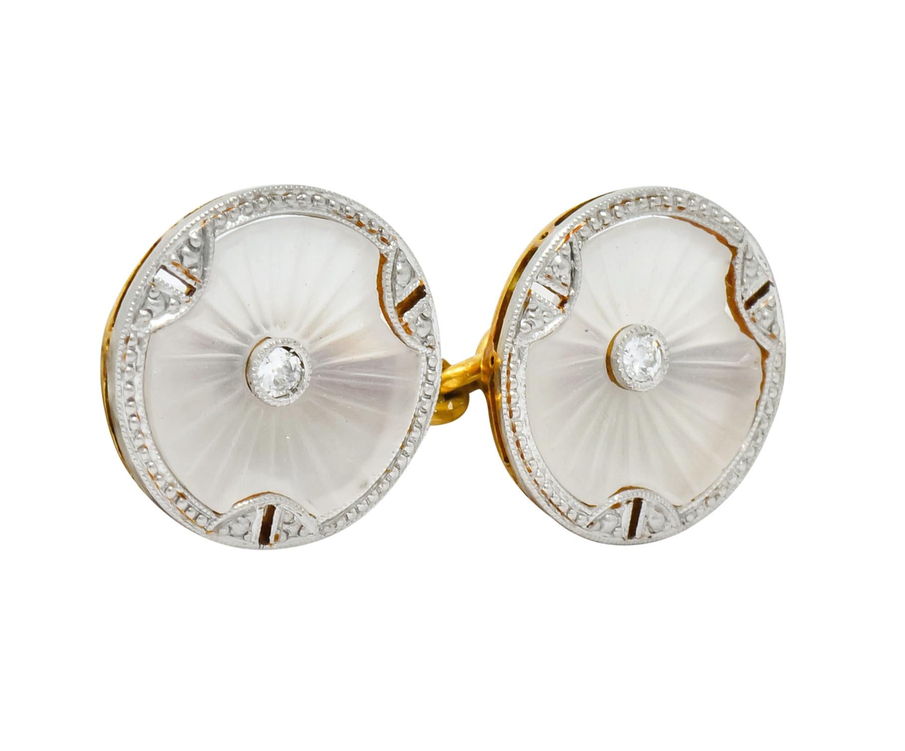 Art Deco Diamond Camphor Glass Platinum-Topped 18 Karat Gold Men's Cufflinks In Excellent Condition In Philadelphia, PA