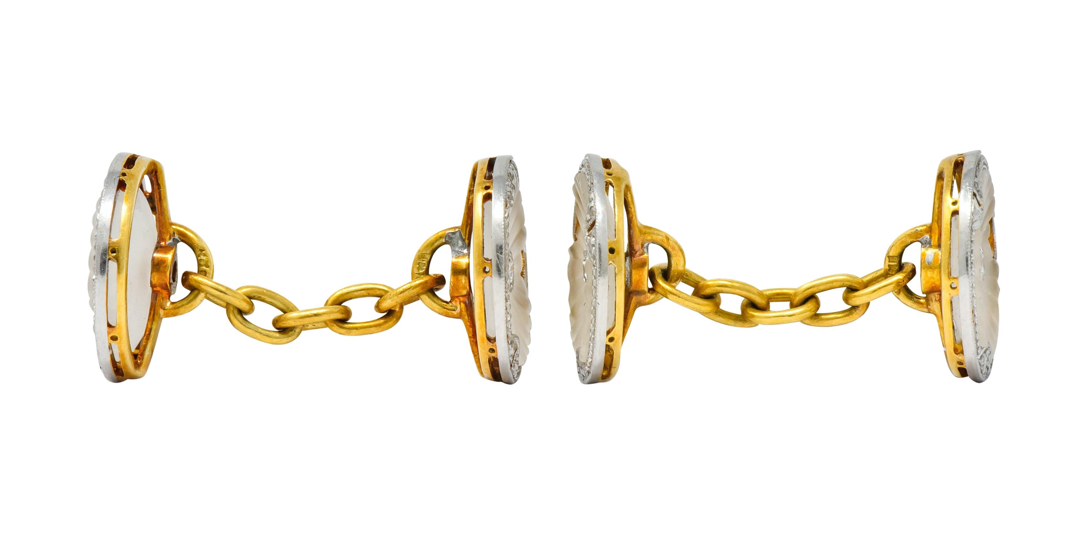 Women's or Men's Art Deco Diamond Camphor Glass Platinum-Topped 18 Karat Gold Men's Cufflinks